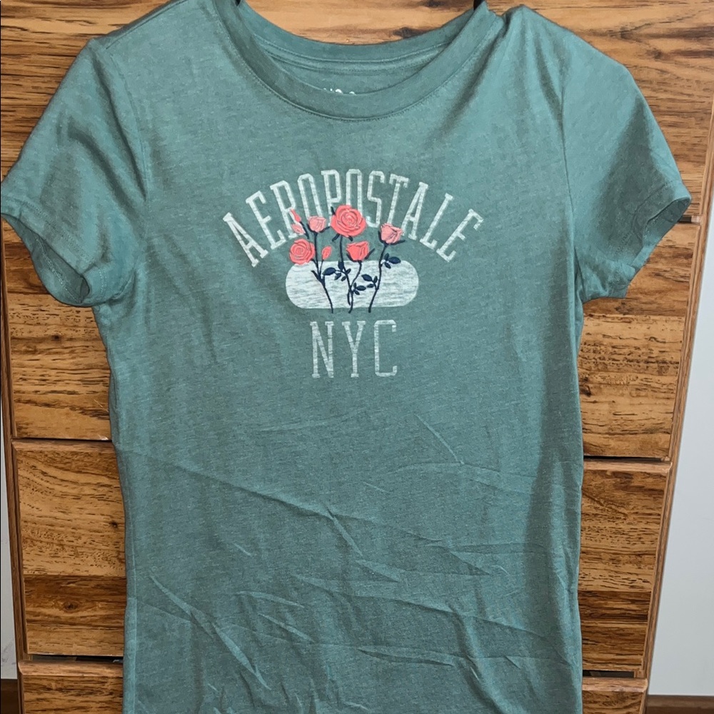 Aeropostale Green Tee with Red Floral Design